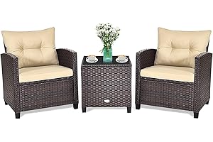 GIANTEX Conjunto de Muebles de Jardín, 3 Piezas de Ratán para Exterior, 2 Sillones con Cojines y 1 Mesa de Panel de Vidrio, Mesa y Silla para Terraza, Jardín, Patio (Marrón Oscuro)