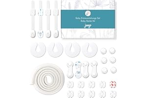 JANEYO - Kit Sicurezza Bambini, 10 Copriprese, 6 Protezioni per Angoli, 2m Paraspigoli, 4 Universale Chiusure Sicurezza Bambini, 4 Bambino Chiusure di Sicurezza Armadio, 4 Fermaporta Bambini