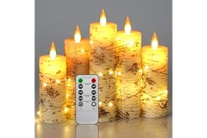 DA BY Bougies à LED Lot de 5 bougies LED sans flamme peintes à la main en écorce de bouleau à encastrer Bougies alimentées par piles avec télécommande à 11 boutons.