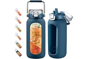 BLUEGO 2000ml Gourde en Verre avec Poignée en Inox et Marqueur de Temps Verre de Motivation 2L avec Manchon en Silicone et Paille pour Gym Office Extérieur Sport Bouteilles d'eau Sans BPA, Bleu foncé