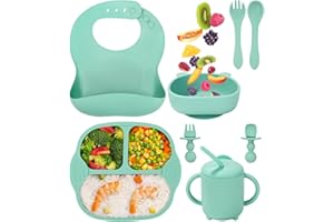 Jissta set pappa bimbo,set di svezzamento in silicone 8 pezzi con ventosa ciotola bavaglino della forchetta tazza da bere,stoviglie per lo svezzamento del bambino impermeabile BPA (Verde menta)