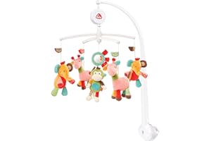 Fehn Mobile musical Safari - Mobile à remonter avec mélodie musicale de la berceuse de Brahms et figurines pour apaiser et occuper - Avec fixation au lit pour bébé de 0 à 5 mois