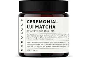 Erbology Organic Ceremonial Grade Matcha 40g - Tencha Stone-Ground - Straight from Farm in Kyoto, Japan - Energising and Stress-Reducing - Non-GMO - Recyclable Glass Jar