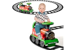 COSTWAY 6V dziecięcy samochód elektryczny, elektryczny pociąg z torami, muzyka, światła, przestrzeń do przechowywania i chowane pedały, elektryczny samochód dla dzieci od 3 lat (zielony)