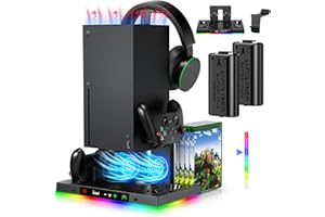 AUARTE LED Cooling Stand and Charging Station for Xbox Series X Console ＆ Controller, Cooling Fan Station for Xbox Series X Accessories with 2x 1400mAh Rechargeable Controller Battery Pack, 15 Light Modes