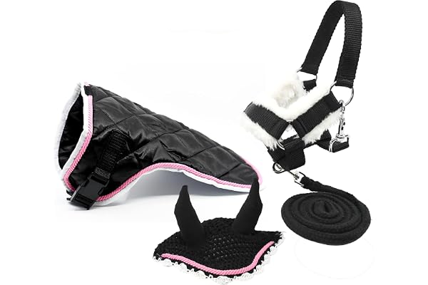 Ensemble d'accessoires Noirs ET Rose pour Hobby Horse et Cheval bâton : Licol moumoute avec Longe + Couverture + Bonnet Anti-Mouches