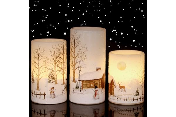 Eldnacele Lot de 3 bougies de Noël sans flamme vacillantes avec minuterie de 6h, En cire véritable Bougies LED pour décoration de Noël, Alimentées par 2 piles AA