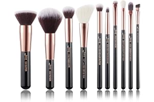 Jessup Lot de 10 pinceaux de maquillage - Pour fond de teint, eyeliner, anti-cerne, tampon - Fabrication artisanale - Poils synthétiques - Kit d'outils de maquillage - Noir et or rose - T156