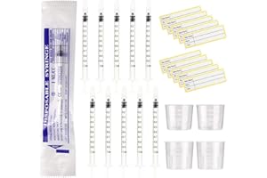 SANDIYAGO 10 Stück 1 ml Spritzen mit Kappen, Kolostrumspritze ohne Nadel, 20 ml, 30 ml Messbecher und 10 Aufkleber, zum Nachfüllen und Messen von Flüssigkeiten, wissenschaftliche Labors, Pflanzenbewässerung
