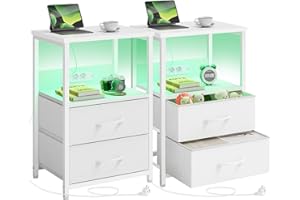 ‎ROLANSTAR Rolanstar Beistelltisch mit LED-Beleuchtung, Nachttisch mit 2 Schubladen, USB-Anschluss & versteckter Steckdose, Sofatisch für Schlafzimmer und Wohnzimmer, Weiß 2pcs