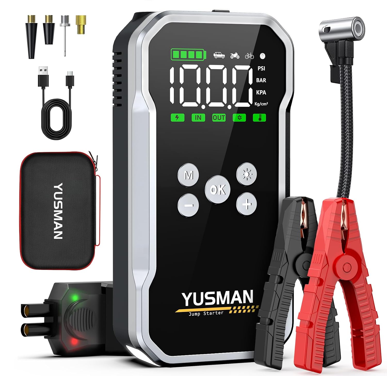 YUSMAN Arrancador de Baterías de Coche 9000A con Compresor de Aire 160 PSI, Arrancador Coche Portátil 12V para Todos los Motores de Gasolina y Diésel hasta 10.0L, Power Bank y Linterna LED