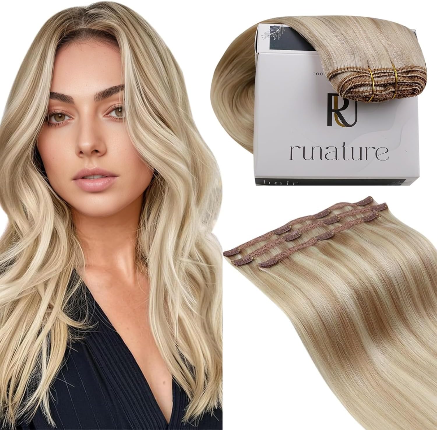 RUNATURE Blonde Clip in Hair Extensions Real Human Hair 12 Inch Human Hair Extensions Clip in Blonde Hair Extension Straight Remy Clip in Ectensions 50 Gram 3PCS #18AP60