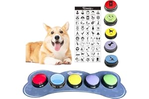 BUYVIKAY Satz von 5-Farben-Hunde Button mit Gummimatte für Kommunikation, Hund sprechende Tasten mit 50-Aufklebern, Haustier-Tasten, trainieren Sie Ihren Hund, um zu Sagen