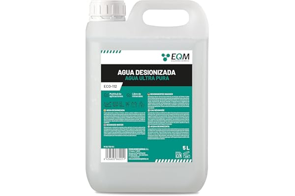 EQM - ECO-112 - Agua Desionizada Ultra Pura - 5L - Agua Desmineralizada - Evita la formación de Cal - Muy Baja conductividad - Multitud de utilidades