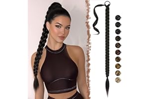 FESHFEN Extensiones de Pelo Coleta Trenzada, 85 cm Coleta Postiza de pelo Negro Larga para Mujeres Envolvente Ponytail Extensiones de Cola de Caballo Sintético para la Fiesta Diaria