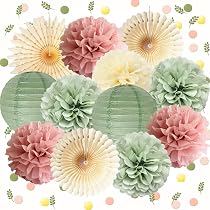 Kit Pompons Papier Vert Sauge & Beige – Décorations Fête Anniversaire Mariage Baptême – Lanternes & Guirlandes