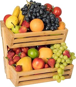 Support Corbeille à Fruits 2 Niveaux En Bambou - Rangement Légumes, Œufs Et Pain Pour Plan De Travail Cuisine