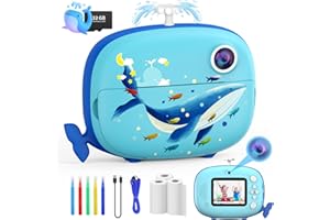 CHAKEYAKE Kids Camera Zero Ink in Whale Design, Digital Photo Creator Camera, Kids Video Camera with Print Paper DIY | Color Pens | 32G T Card | Boys & Girls gifts Birthday, Festival (Blue)
