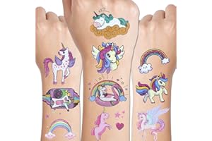 CHARLENT Glitter Unicorn Tatuaggi per Ragazze - 110 PZ Glitter Unicorn Tatuaggi Temporanei per Ragazze Festa di Compleanno Favore Goodie Bag Fillers
