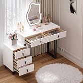 WOLTU Tocador con Luz LED Regulable, Espejo Forma Nube, Mesa Maquillaje | Tocador con Encimera de Alto Brillo, 5 Cajones de M