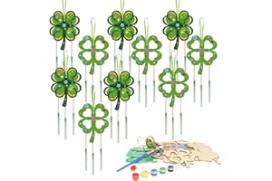 WEDNOK 10 Pack St. Patricks Day Shamrock Wind Chime Kit for Kids Make You Own Four Leaf Clover Wind Chimes St Patricks Day Wooden Ornaments for Kids Art and Craft St.Patrick's Day Party Decoration