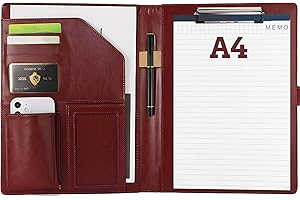 WIKSITE Conference Folder A4 Business Document Padfolio, Multifunctional Business Leather Document Clip Board Personal Organiser Folder with Clipboard, File Sleeve, Card Holder, Pockets for Office Work-Brown