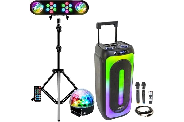 IBIZA Sound Light - Pack Lumière avec portique DJ + 1 Enceinte Sono 1000w MAGIC-SOUND1000 2 micros sans Fil- Bluetooth USB - idéal pour Vos soirées Anniversaires Salle des fête Fiesta