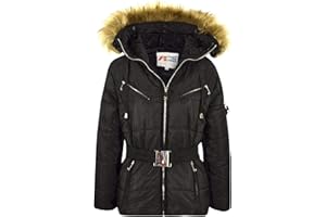 A2Z 4 Kids Girls Jackets Puffer Hooded Stylish Detachable Faux Fur Padded Zipped Belted Slim Fit Warm Winter Windproof Cold Weather Indoor Outdoor Activities Coat Age 5-13 Years