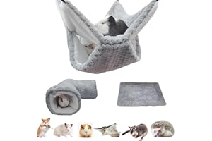 bebeibon Kleintierbett 3 Stück, Stockbett Zuckergleiter Hängematte, Kleintiere Käfig Zubehör Bettwäsche Weiche und Warme Tunnel mit Haken für Chinchilla, Hamster, Eichhörnchen, Igel Grau