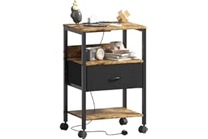 Lutown-Teen Comodino con Stazione di Ricarica e Ruote, Alto 63 cm, Tavolino con Struttura in Metallo e Cassetti in Tessuto per Camera da Letto, Soggiorno, Marrone Vintage e Nero