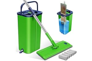 Myiosus Serpillière Seau Essoreur, Balai Serpillère Microfibre Plat avec 5 Serpillères Réutilisables, Serpillère et Seau Essoreur avec Manche INOX pour Nettoyage de Sol (Vert)