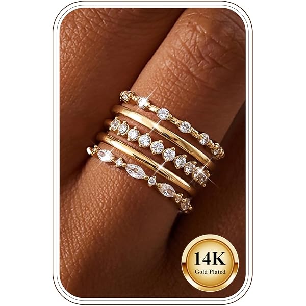 Kakonia 5 stuks ringen goud zilver dames waterdicht 14K vergulde ringen set verlovingsring stapelringen damesring met zirkonia verloving statement promise ring zilveren gouden ring sieraden, 52 EU
