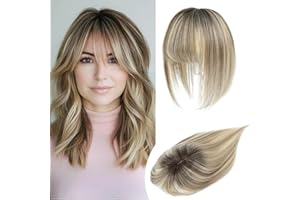 Lasunork Hair Toppers for Women Human Hair Topper Clip in Fringe Hand-woven Swiss Base Hair Topper (Ombre Light Brown with Blond Highlight)