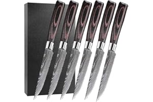 BFYLIN Lot de 6 couteaux à steak en acier inoxydable allemand de haute qualité, lame dentelée ultra tranchante et manche en bois ergonomique, couteau de table avec coffret cadeau