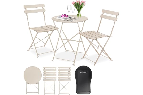 KESSER® Salon de jardin en métal avec 1 table et 2 chaises pliantes pour balcon, jardin, cappuccino