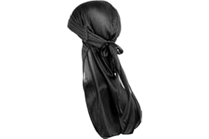 WLLHYF Silky Durag jedwabny czepek dla mężczyzn, 360 fal, ultramiękka czapka z falami, satyna, duragi, bardzo długie ogony, czarna