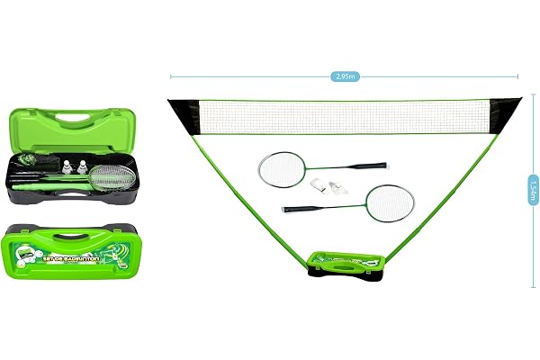 PLAY4FUN Badminton Set Complet avec Filet, Raquettes, Volants et Etui de Rangement 295 x 38 x 154 cm