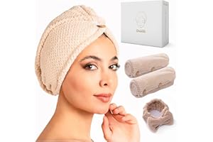 Chillife Premium Set di Turbanti per Capelli | 2 Asciugamani a Turbante con Bottone e Fascia per Capelli, Asciugamano da Bagno in Microfibra per Capelli Lunghi e Testa | Accessori da Bagno