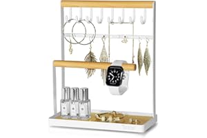 Thrarise Présentoir à bijoux avec plateau pour colliers, bracelets, bagues, montres, bijoux de toutes sortes, support en fer et barres en bois Blanc