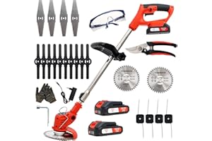 Debroussailleuse Electrique sans Fil, Débroussailleuse à Gazon sans balais avec 2 Batteries et 4 Lames avec poignée réglable, Débroussailleuse à Gazon Portable d'extérieur pour Couper l'herbe