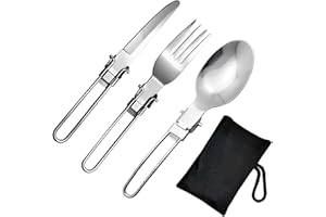 AUSYIWI Juego de cubiertos de camping plegables de acero inoxidable, 3 piezas de cubiertos de viaje multifunción con cuchara, cubiertos de senderismo ligeros y compactos para picnic al aire libre