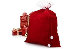 COM-FOUR® Noble XXL Torba swiateczna z aksamitu z dlugim sznurkiem i bialymi pomponami - Torba prezentowa na kostium i dekoracje Swietego Mikolaja - Worek Mikolaja (1 sztuka - sznurek czerwony)