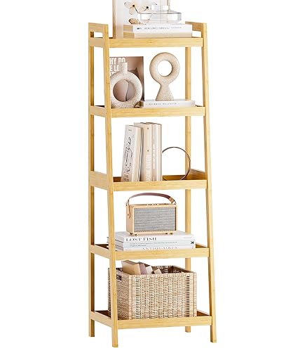 YMYNY 4 Tier Ladder Boekenplank, Hoogte 125 cm Boekenkast, Vrijstaande Opslag Organizer Planken, Rekken Unit voor Woonkamer Slaapkamer, Keuken, Plant Stand, Industrieel, Wit HBC024W