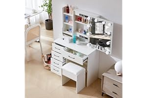 PUSELO White Dressing Table Vanity Table with Mirror and Stool Makeup Vanity Table with Lights and Drawers,Cushioned Stool,Vanity Desk for Women Girls Bedroom (Modern P56)