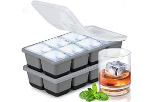 JRISBO Duża taca na kostki lodu z silikonu, bez BPA, 4,5 cm, XL z pokrywką, bezpieczna, certyfikat LFGB, 2 sztuki, możliwość układania w stos, 70 ml, duża taca na kostki lodu do whisky (2 czarne)
