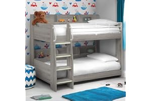happybeds Domino Grey Oak Wooden and Metal Kids Bunk Bed with Storage Shelves with 2x Spring Mattress 3' Single 90 x 190 cm