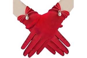 FSSTUD Red Satin Elegant Pearl Accented Short Wedding Gloves for Women