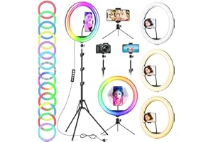 GERTONG 12.6'' Ring Light with Stand and Phone Holder: Totally 74" Tall Led Ringlight Tripod with 40 Color Modes, Floor and Desktop Stand with Circle Lights for Makeup Video Meeting Live Stream (12.6in)