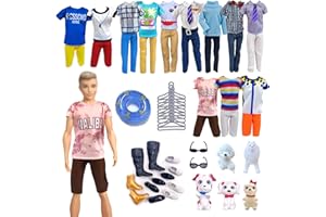 WANDERGO Lot de 51 vêtements et accessoires pour poupée Ken, 11 hauts décontractés, 7 pantalons, 5 pantalons pour garçon, poupée, cintres, cadeau de Noël pour poupées garçons de 30.5 cm (poupée non incluse)