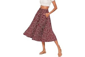 Parabler Rock Damen Chiffon Midirock Elegant Blumen Polka Dot Elastische Taille Sommerrock Lang Plisseerock mit Taschen